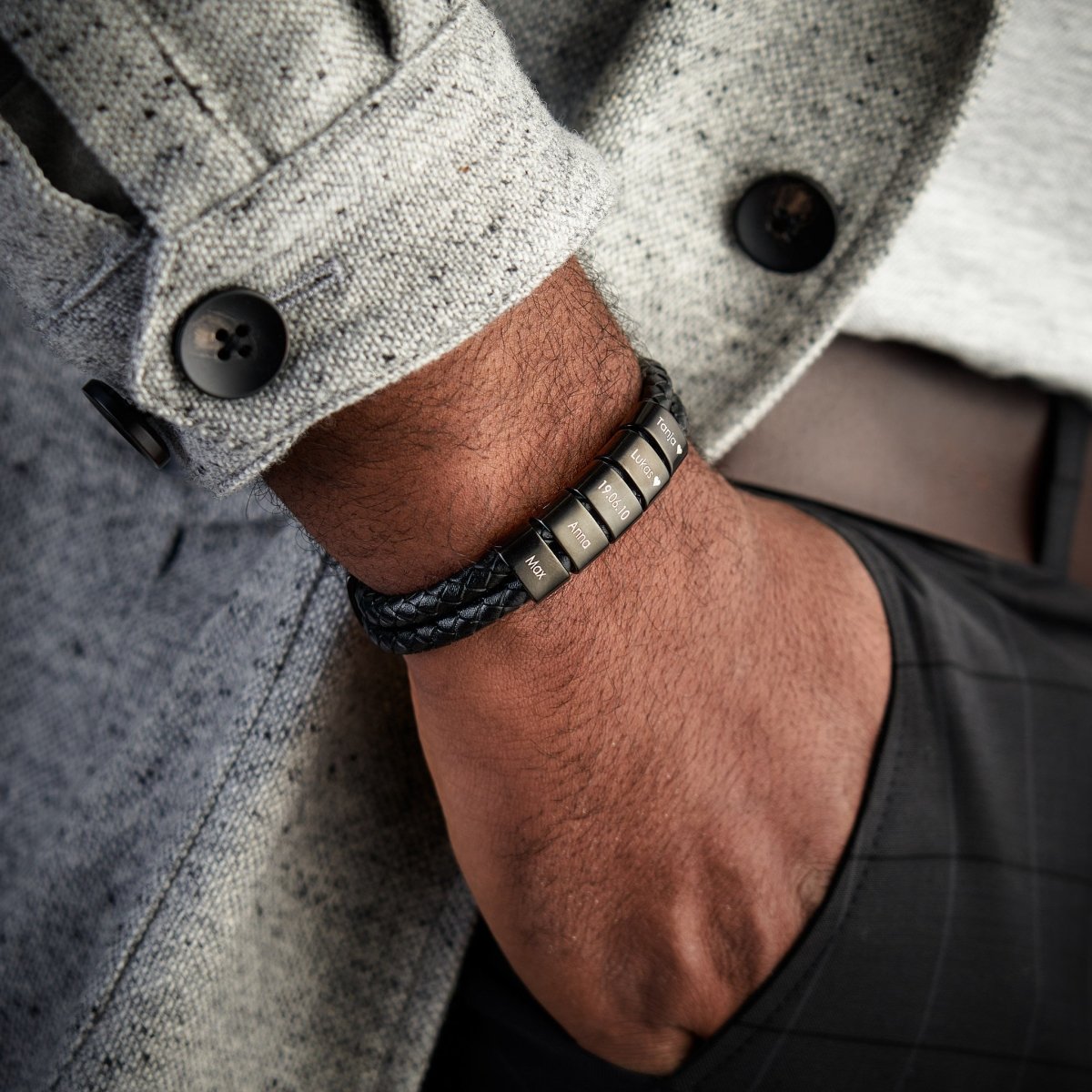 À Mon Chéri - Bracelet Cuir tressé 2 Perles Prénom Personnalisé Bracelet Homme