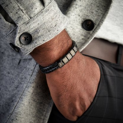 À Mon Chéri - Bracelet Cuir tressé 2 Perles Prénom Personnalisé Bracelet Homme