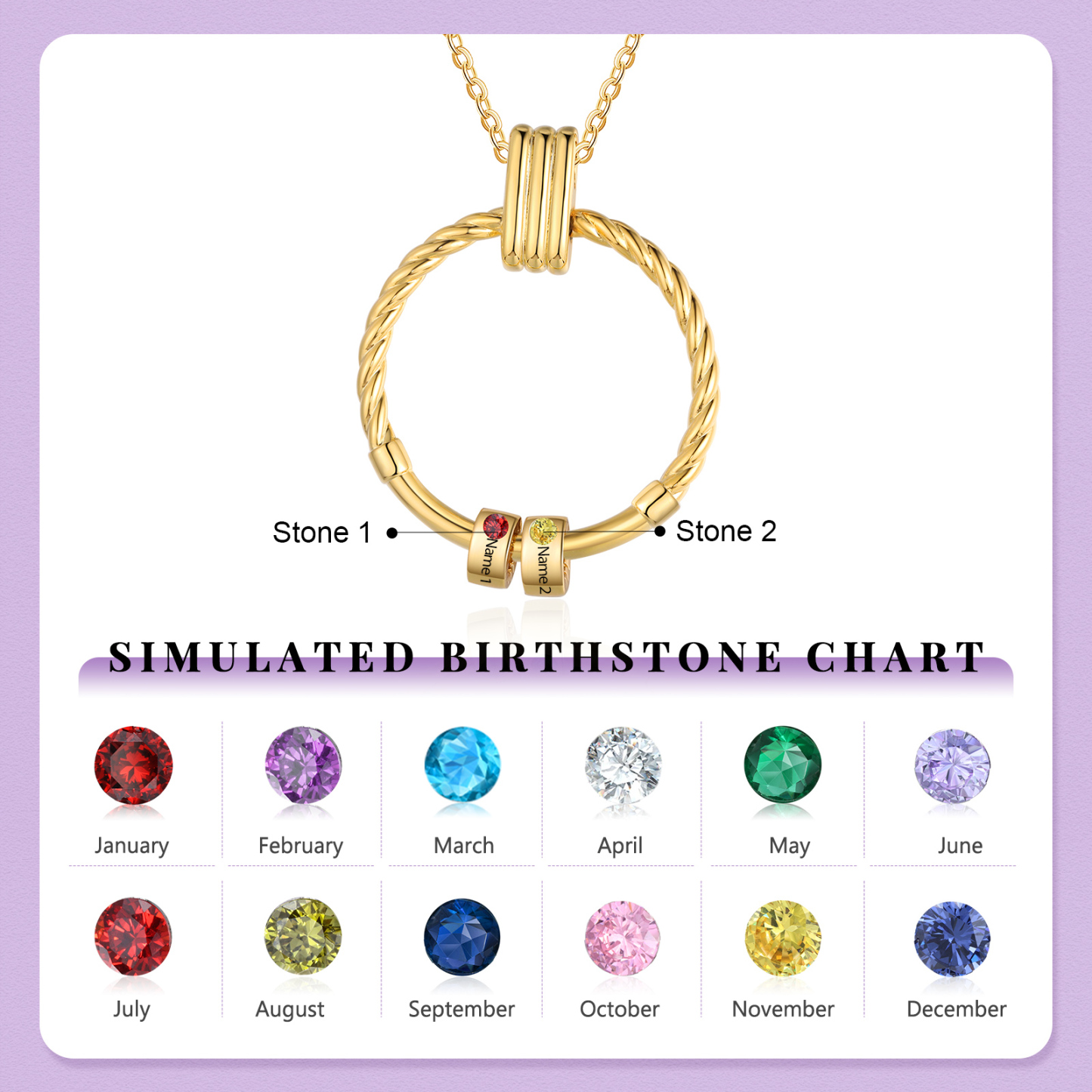 Collier Pendentif 2 Prénoms et Perles Personnalisés avec Pierres de Naissance Collier Femmes