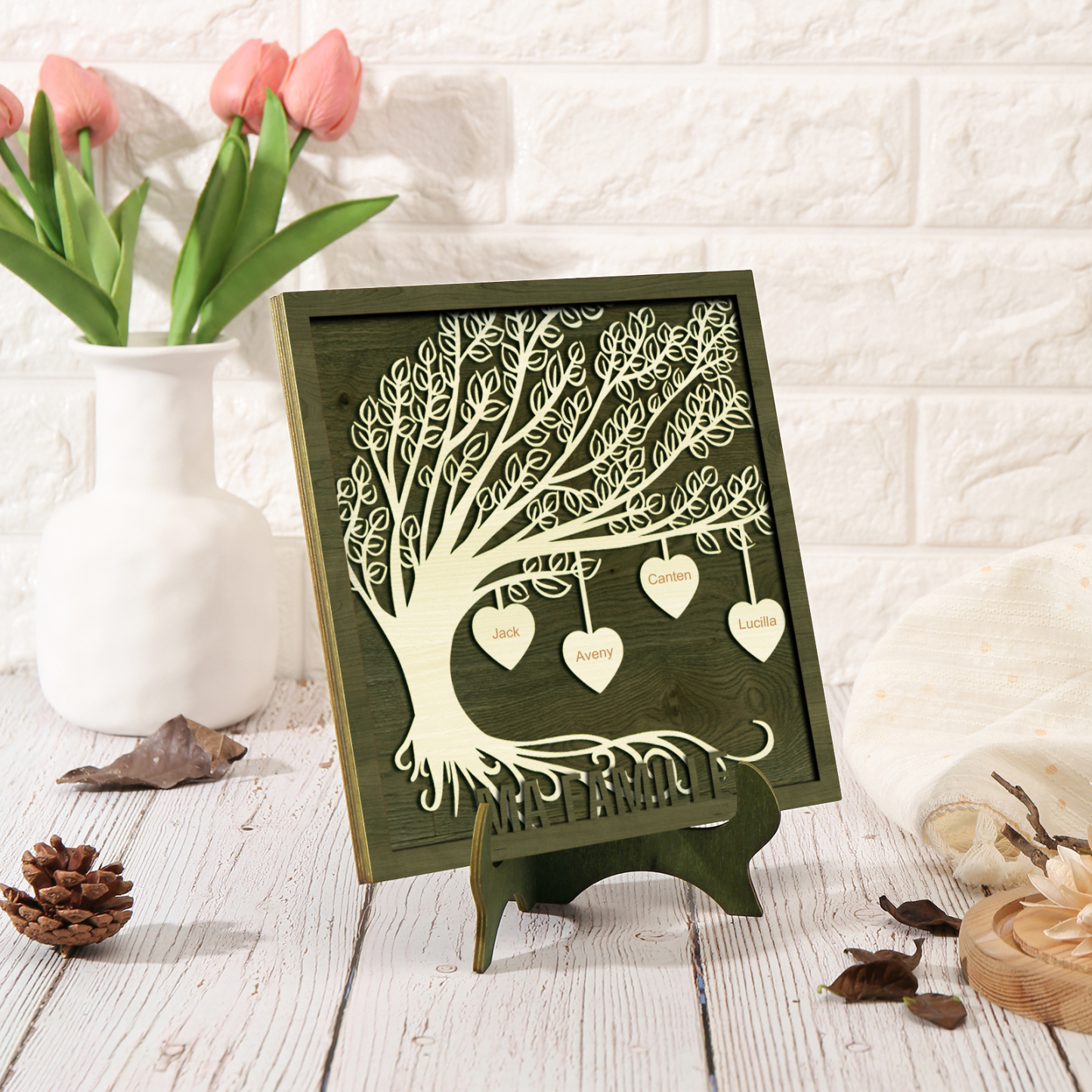 Décoration en bois Arbre de Vie 4 Prénoms Personnalisés Ornement Famille