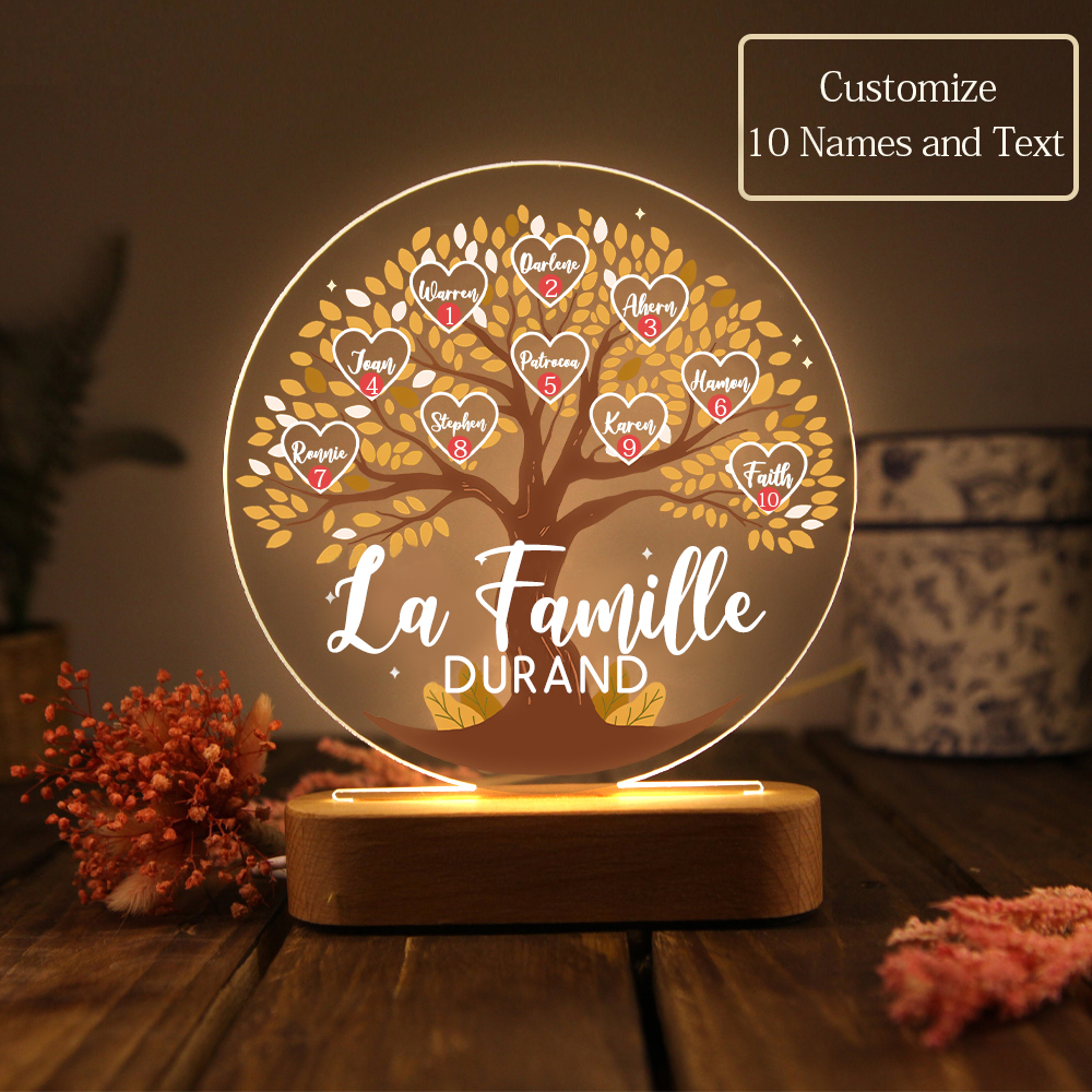 Lampe de chevet Arbre de Vie LED Lumières 10 Prénoms et 1 Texte Personnalisés pour Famille