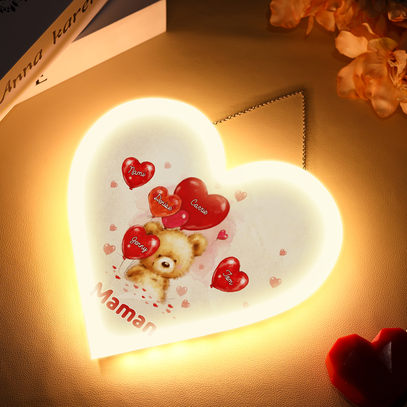 À Maman/Mamie - Veilleuse Cœur Décoration Ours 5 Prénoms Personnalisés avec 1 Texte