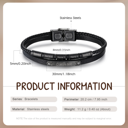 Bracelet Cuir 2-5 Préoms Personnalisés avec Texte pour Homme