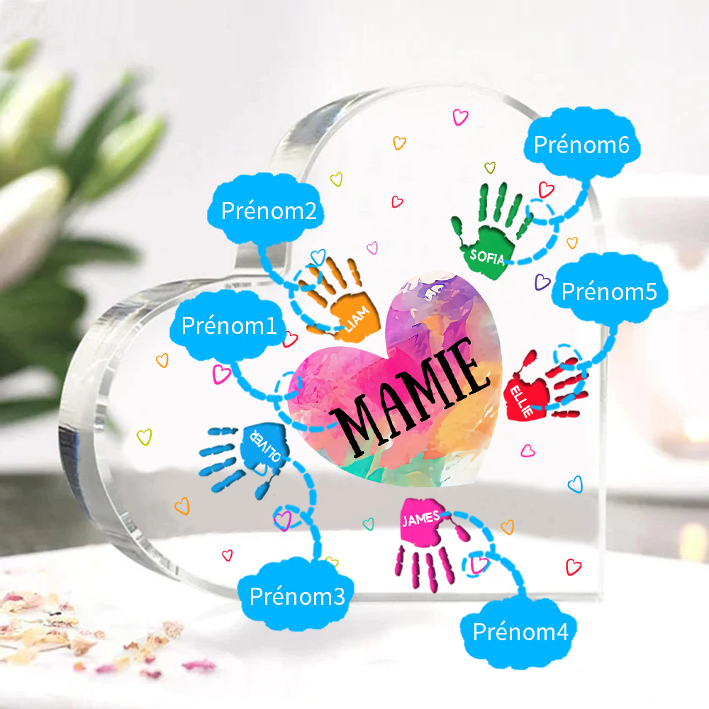 À ma Maman/Mamie - Plaque Acrylique Mains et Enfants en Forme de Cœur 6 Prénoms Personnalisés