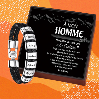 À mon homme - Bracelet en cuir tressé à perles personnalisé pour petit-ami / mari avec 7 prénoms gravés