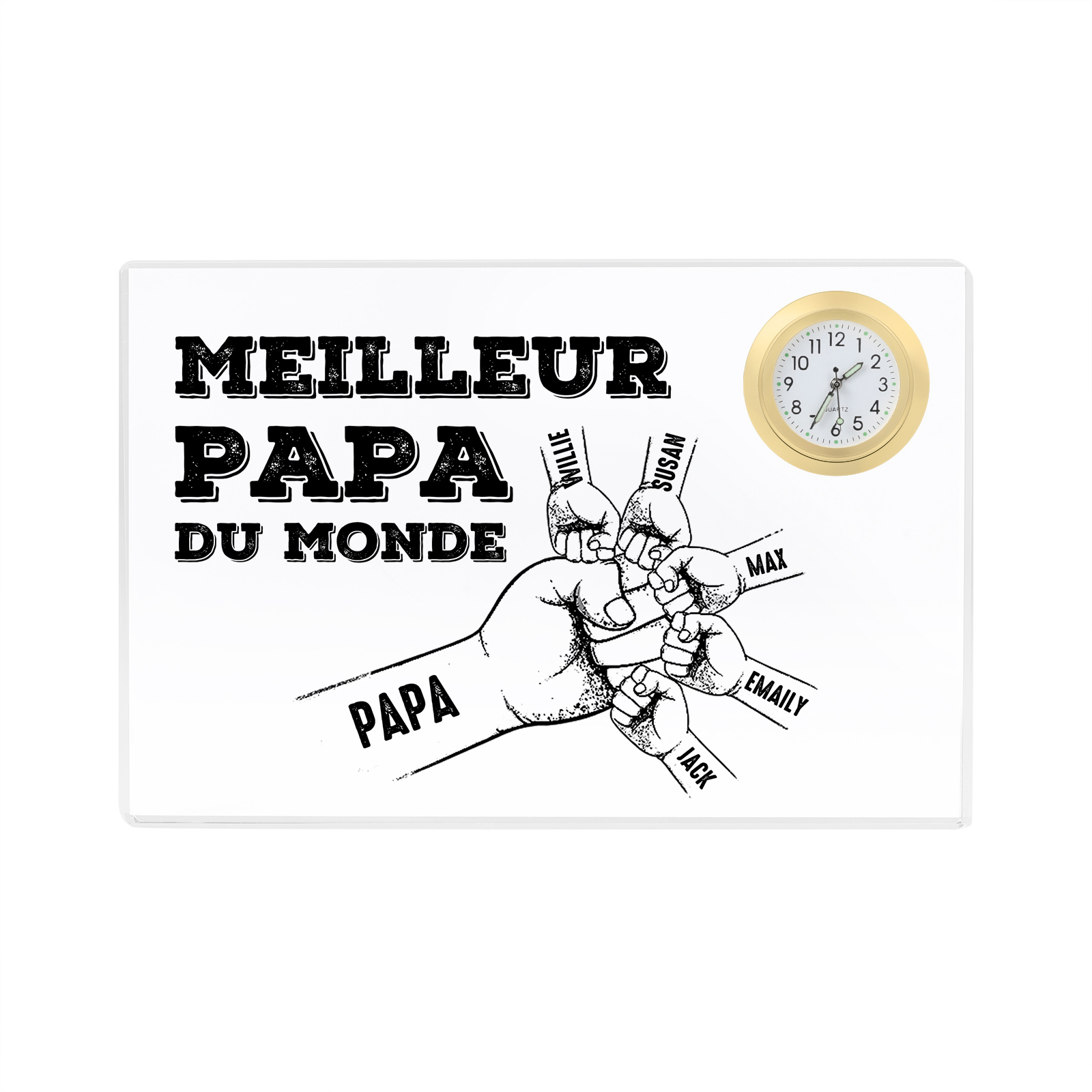 À mon Papa - Plaque Acrylique Rectangle avec Horloge Poings 6 Prénoms Personnalisés