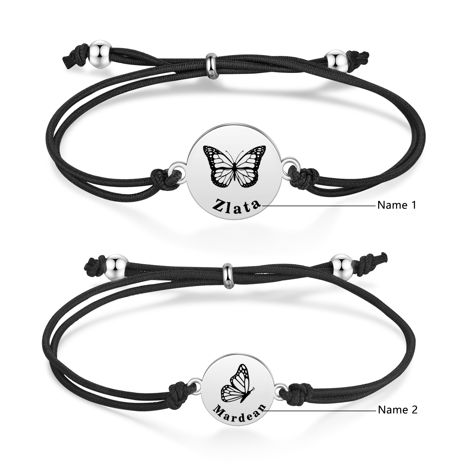 2PCS Ensemble de Bracelets Papillons 2 Prénoms Personnalisés Corde élastiques - Cadeau Rentrée Scolaire Premier jour d’école