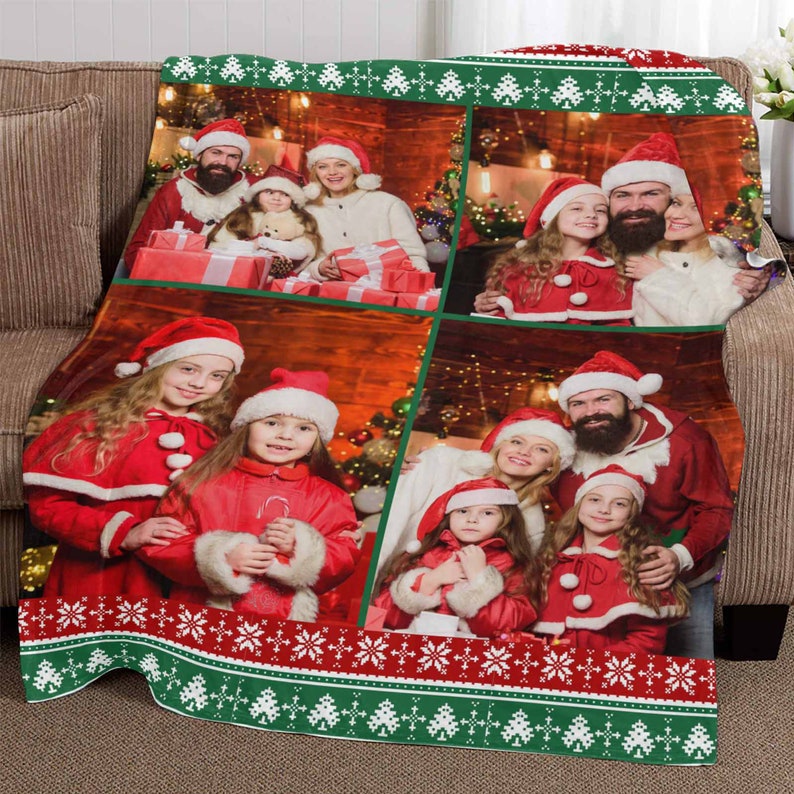 Plaid Personnalisé Couverture Flanelle 4 Photo Personnalisées Cadeau de Noël 