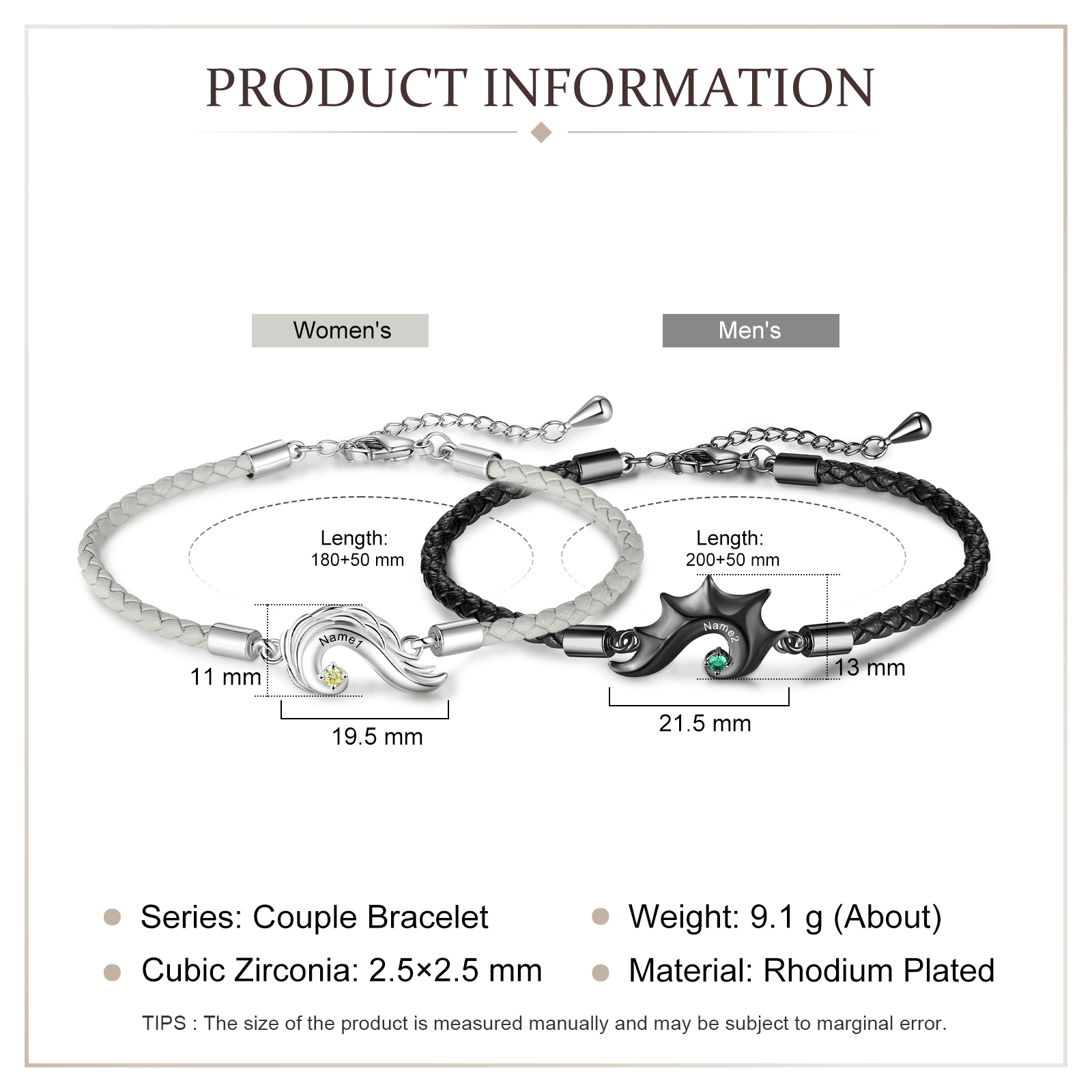 2PCS Bracelet 2 Prénoms Personnalisé avec 2 pierre de naissances bracelet en commun pour Un couple Bracelet