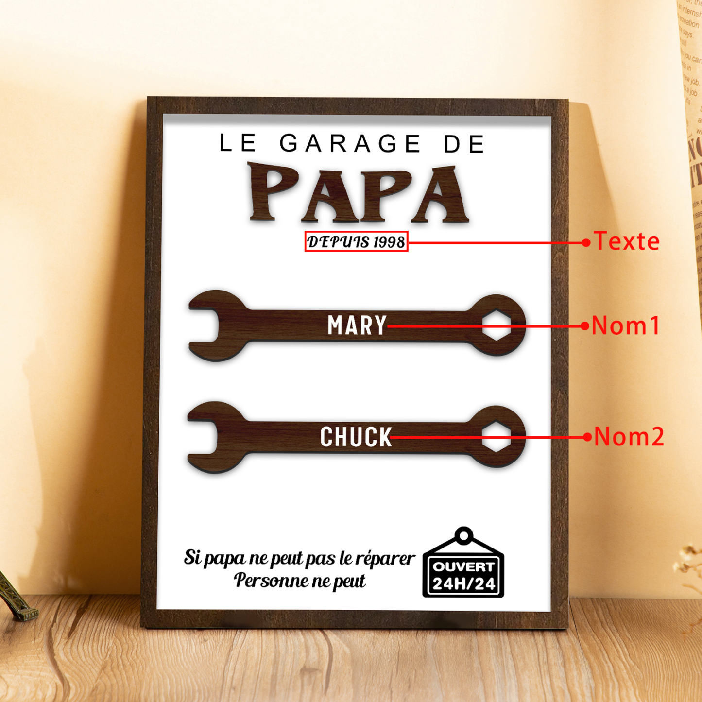 À Mon Papa-Cadre en Bois Garage 2 Prénoms Personnalisés | Jessemade