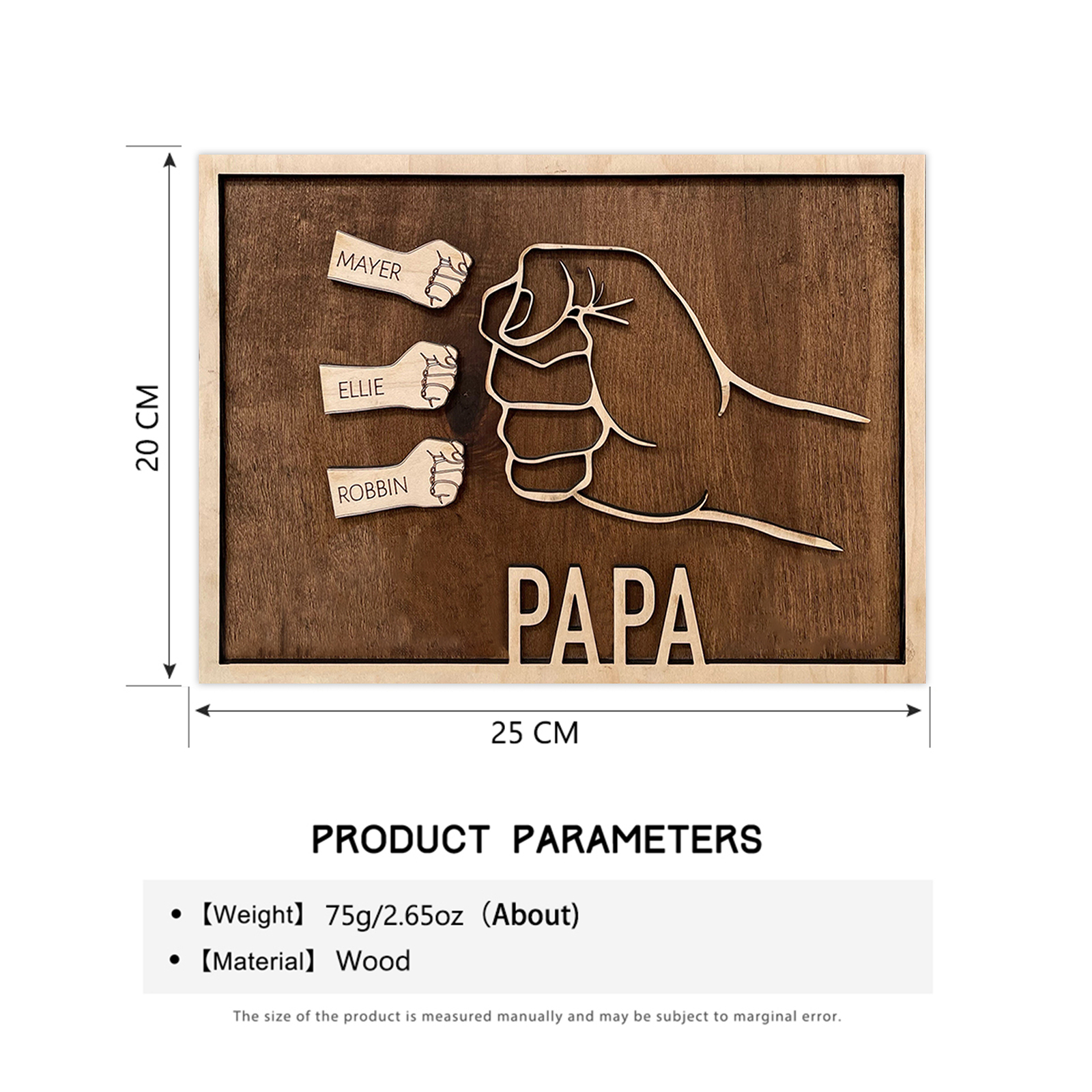 À Papa - Cadre en bois Poings 3 prénoms personnalisée