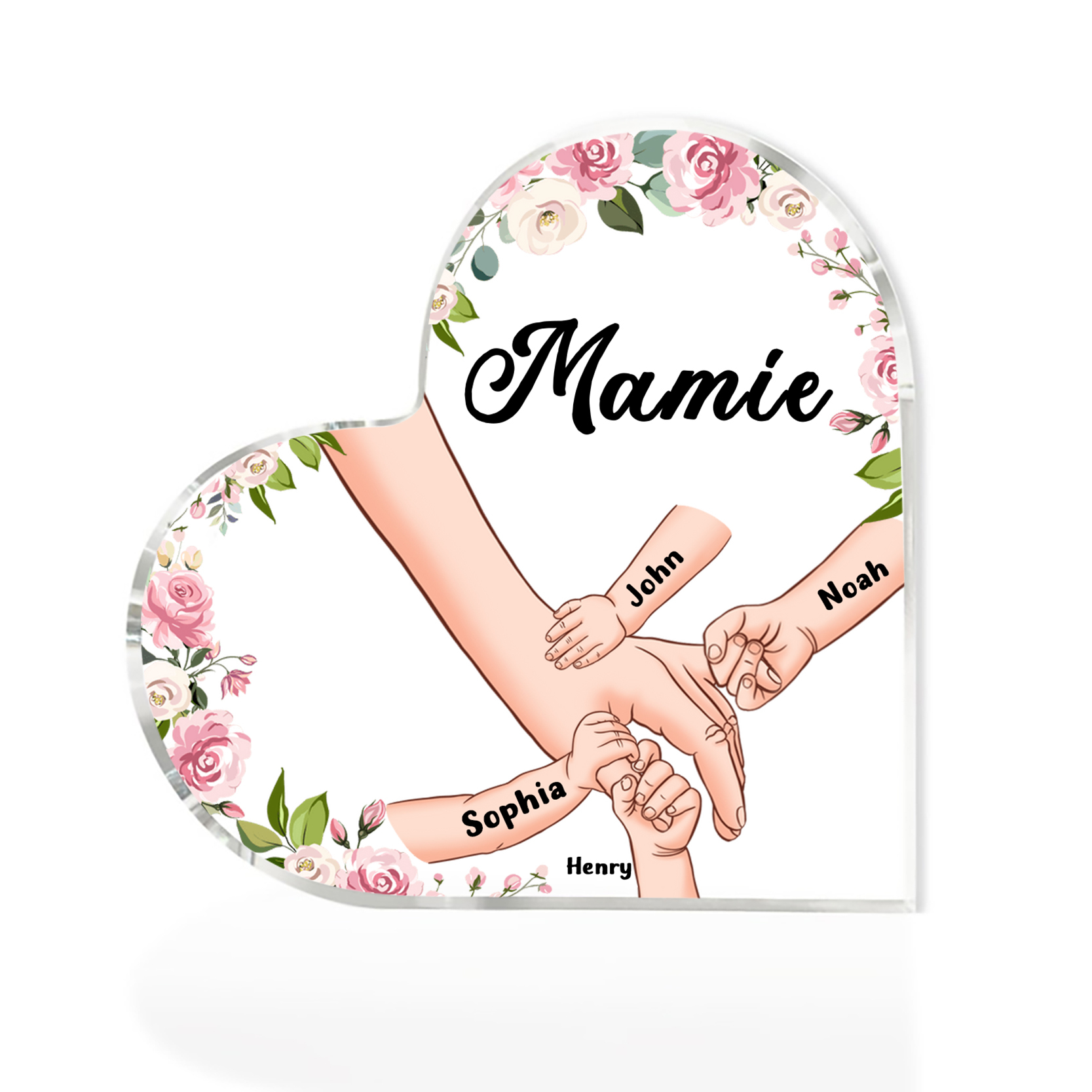 Plaque Acrylique en Forme de Cœur La Main Dans La Main 4 Prénoms Personnalisés avec Texte