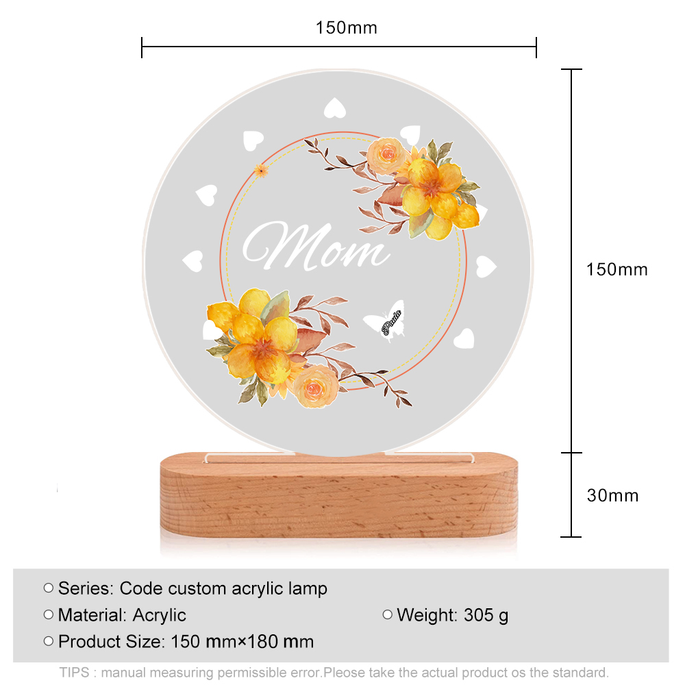 À Maman/Mamie - Lampe de chevet LED Fleurs et Papillons 1 Prénom Personnalisé avec 1 Texte
