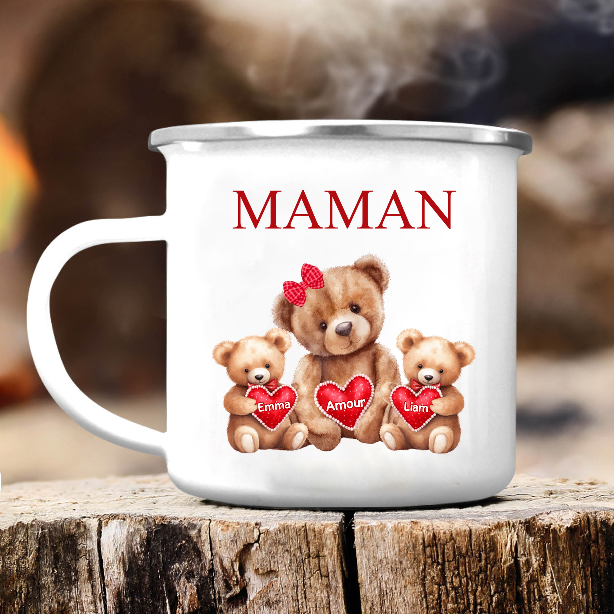À Maman/Mamie - Tasse émaillée Ours 2 Prénoms Personnalisés