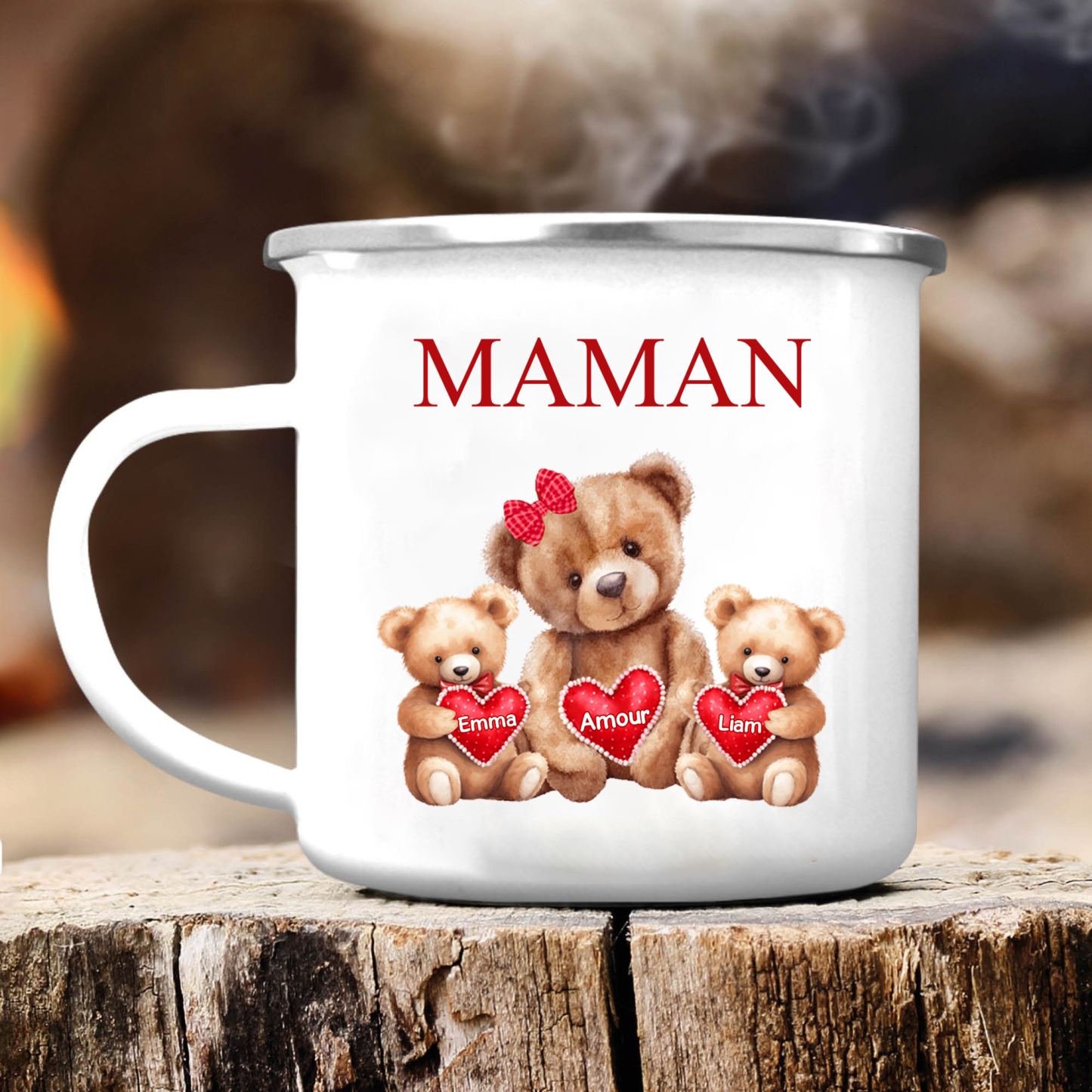 À Maman/Mamie - Tasse émaillée Ours 2 Prénoms Personnalisés