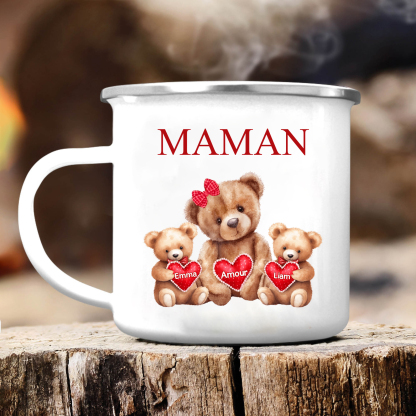 À Maman/Mamie - Tasse émaillée Ours 2 Prénoms Personnalisés
