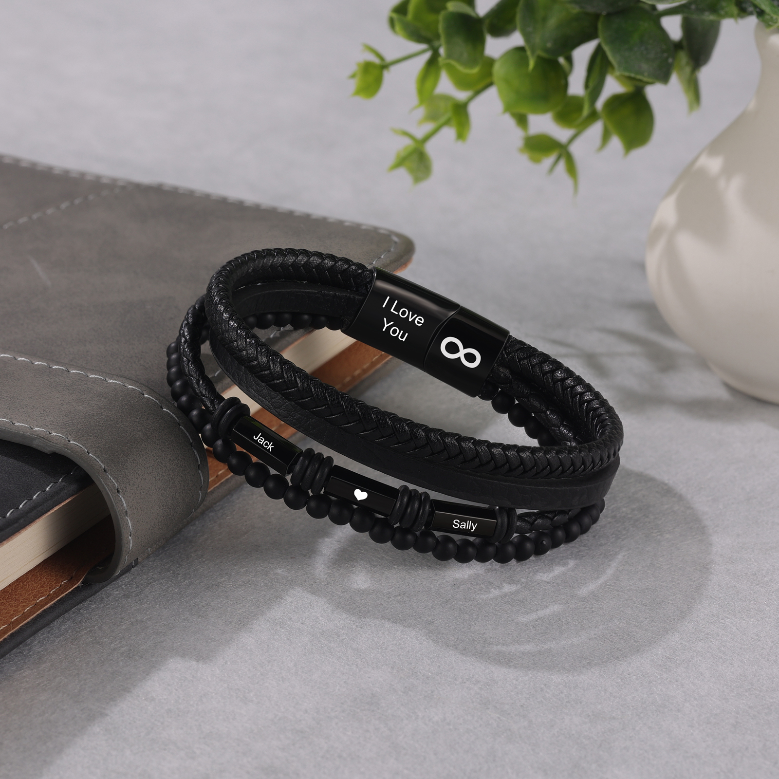 Bracelet Cuir tressé infini 2 Prénoms Personnalisé avec texte Bracelet Prénom pour Homme|Jessemade