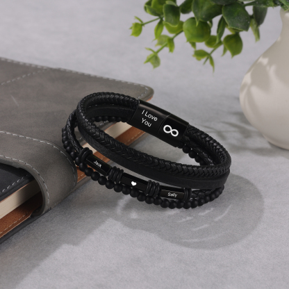 Bracelet Cuir tressé infini 2 Prénoms Personnalisé avec texte Bracelet Prénom pour Homme｜Jessemade