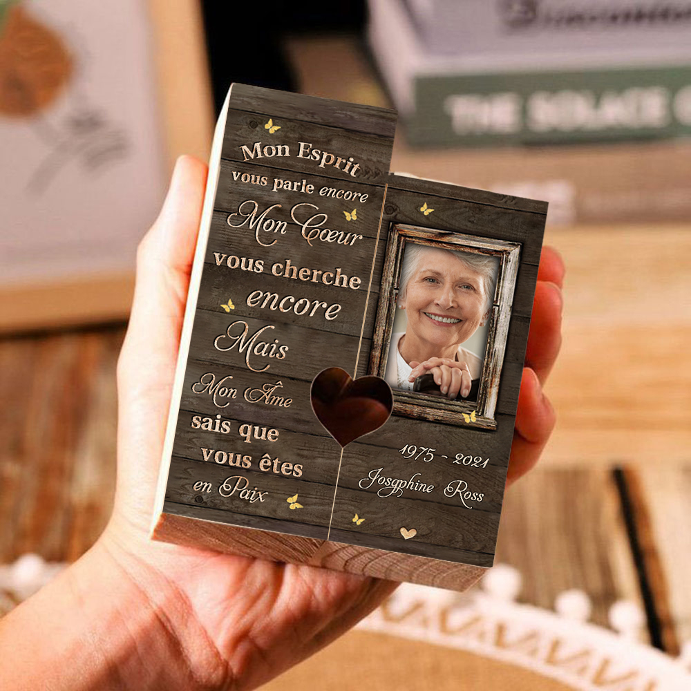 Bougeoir en Bois Commémoratif 1 Prénom et Photo Personnalisé avec Date sans bougie