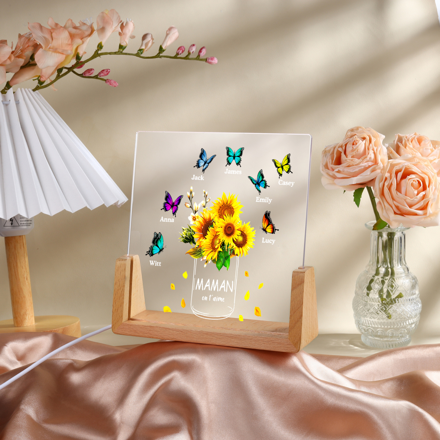 À Maman/Mamie - Lampe de chevet LED Tournesol 7 Prénoms Personnalisés avec 2 Textes pour Famille