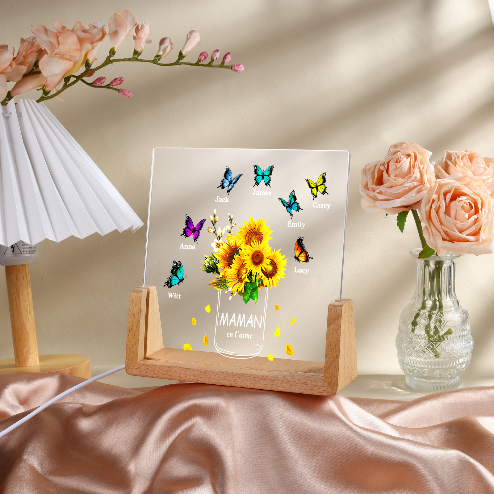 À Maman/Mamie - Lampe de chevet LED Tournesol 7 Prénoms Personnalisés avec 2 Textes pour Famille