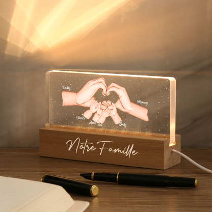 À ma Famille- Lampe de chevet LED la Main dans la Main 6 Prénoms Personnalisés avec Texte