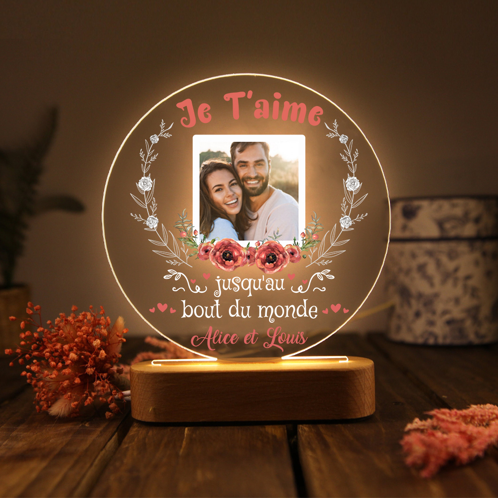Lampe de chevet Couple LED Lumières 2 Prénoms et 1 Photo Personnalisés
