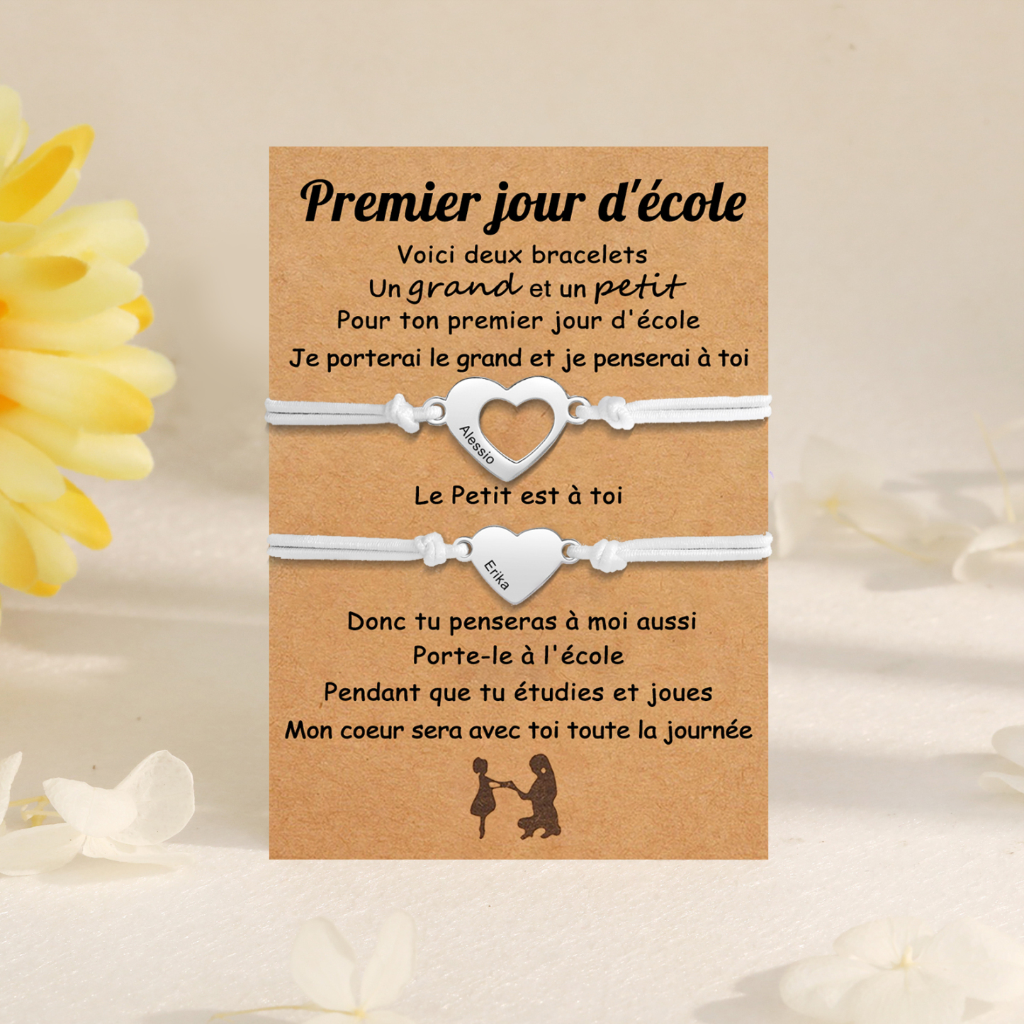2PCS Bracelets Cœur 2 Prénoms Personnalisés Bracelet en Commun corde élastiques Cadeau Rentrée Scolaire Premier jour d’école|Jessemade