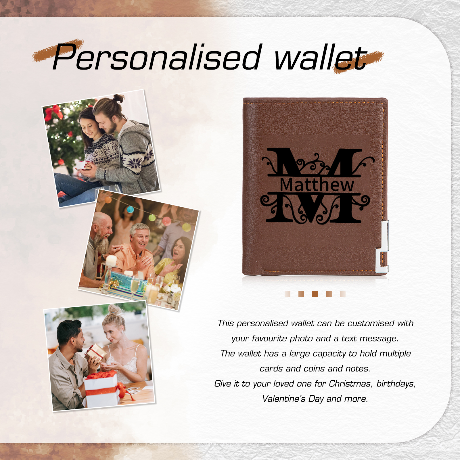 Portefeuille 1 Prénom Personnalisé avec Lettre et Photo Classique Homme Porte-Monnaie Carte