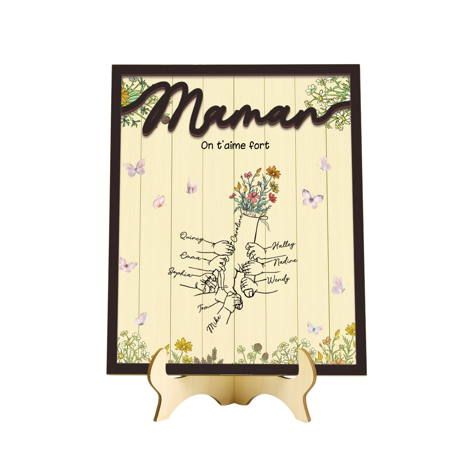 À Maman - Décoration en bois la Main dans la Main 9 Prénoms Personnalisés Ornement Famille