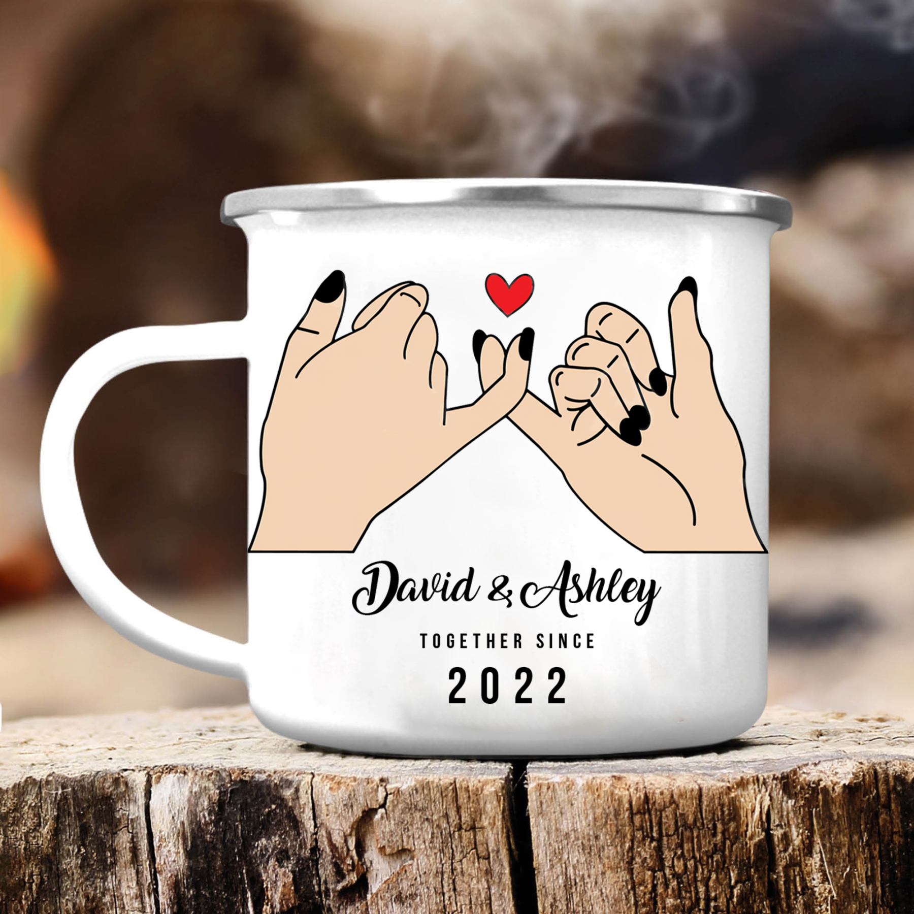 Tasse émaillée 2 Prénoms Personnalisés avec Texte et Année pour Couple promesse du petit doigt