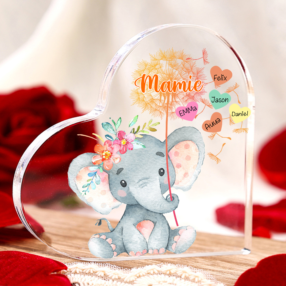 À ma Mamie - Plaque Acrylique Éléphant en Forme de Cœur 5 Prénoms Personnalisés