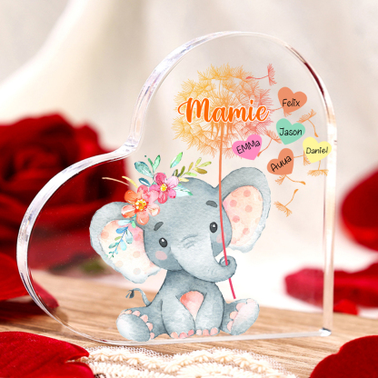 À ma Mamie - Plaque Acrylique Éléphant en Forme de Cœur 5 Prénoms Personnalisés