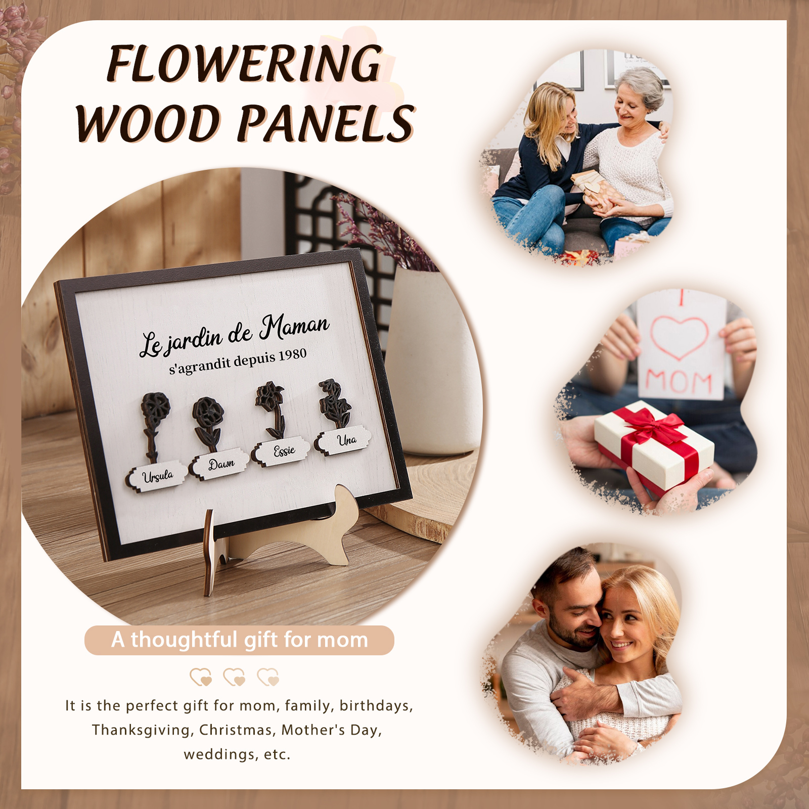 À ma Maman - Décoration en bois Fleurs 4 Prénoms Personnalisés avec Fleurs de naissance Ornement pour Famille