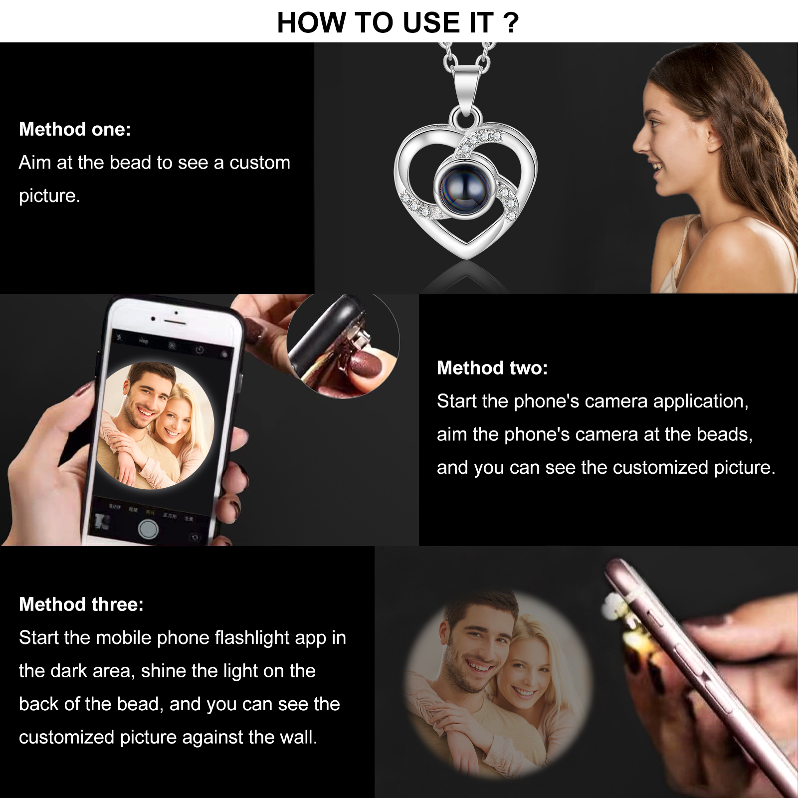 Collier Cœur Projection de Pierres 1 Photo Personnalisée Collier pour Femmes | Jessemade