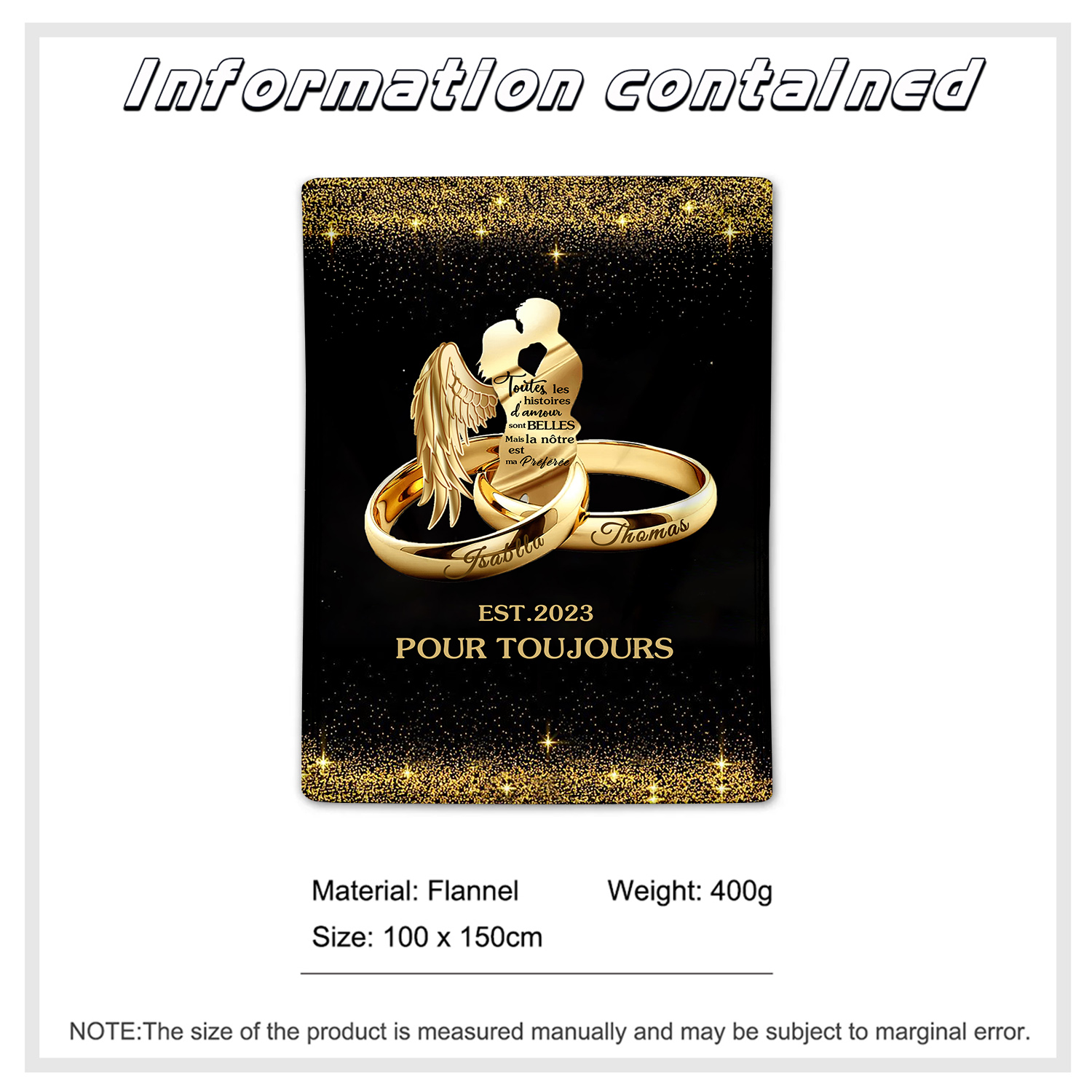 Couverture Plaids Polaire 2 Prénoms Personnalisés avec Année et Texte | Jessemade