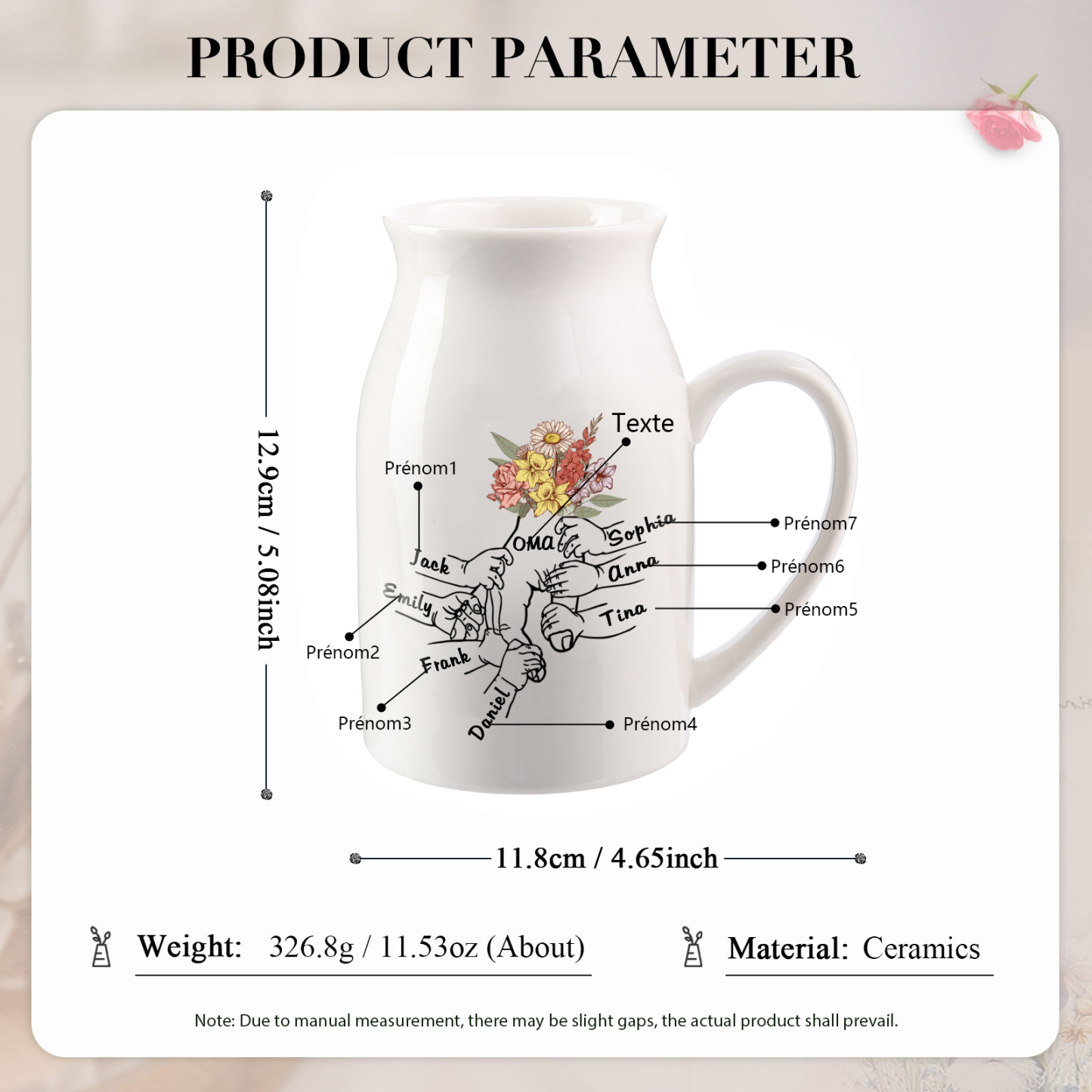 Vase à Fleurs la main dans la main 7 Prénoms Personnalisés avec Texte Décoration de la Maison