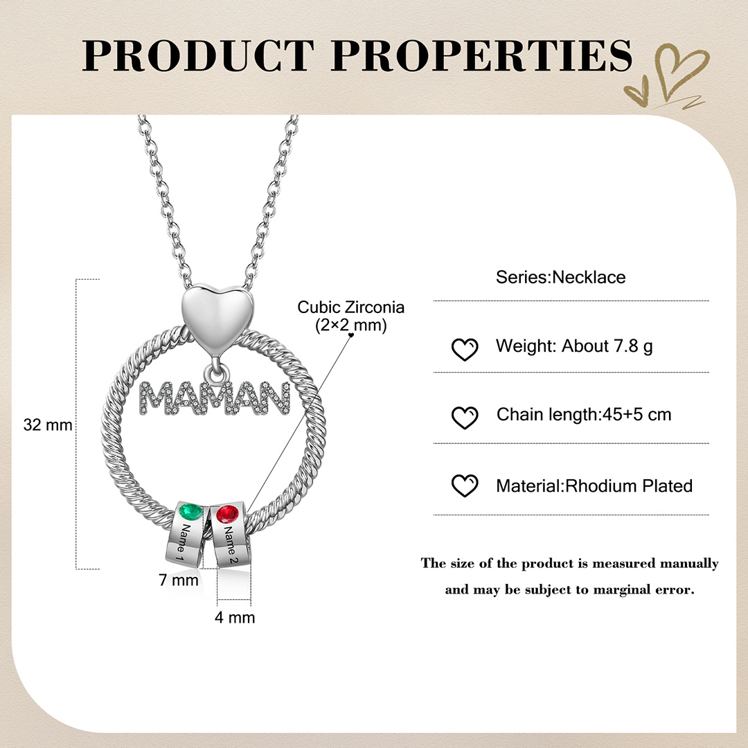 À ma Maman - Collier Pendentif 2 Prénoms Personnalisés avec Pierre de naissance