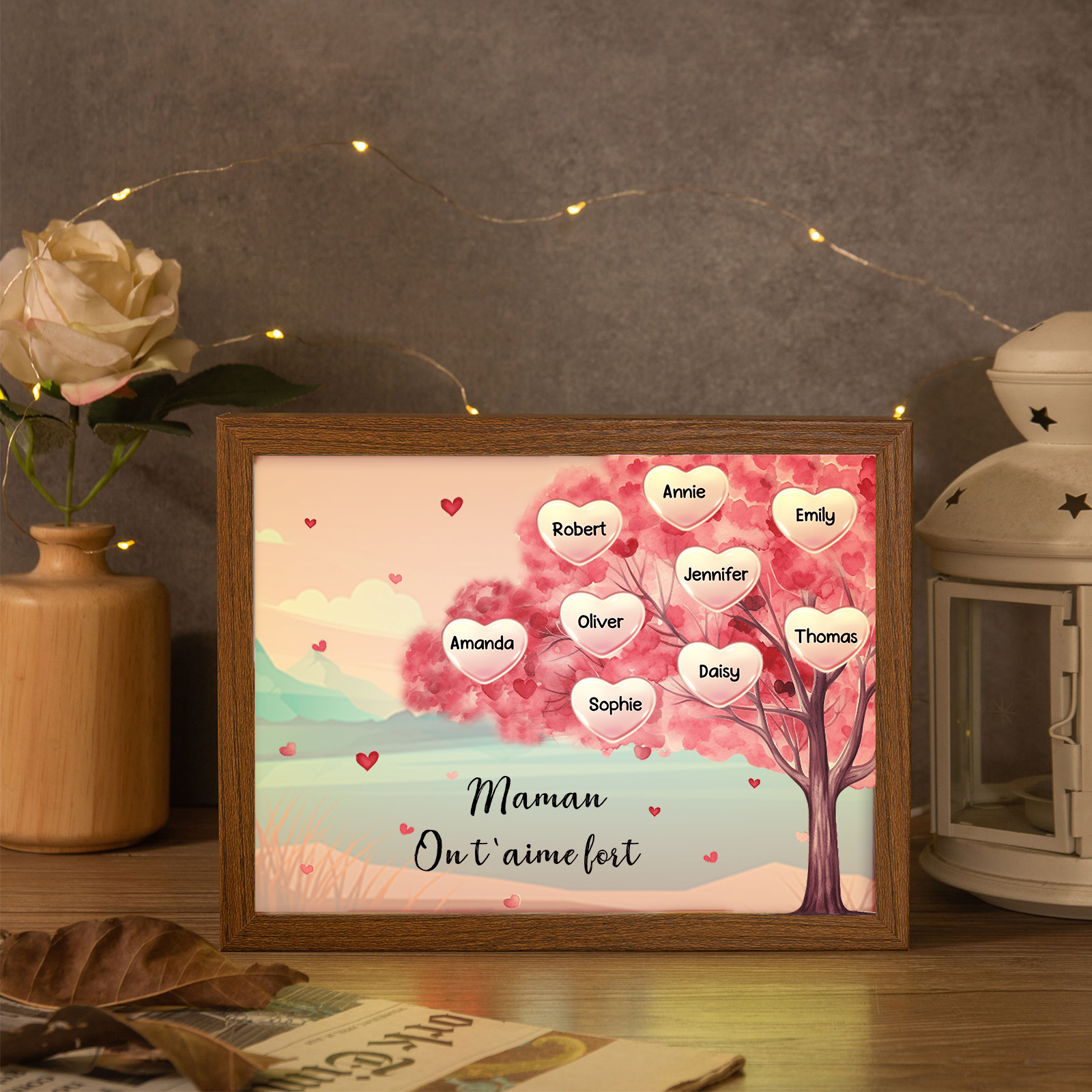 Cadre Photo LED Arbre 9 Prénoms Personnalisés avec 1 Texte Décoration Famille