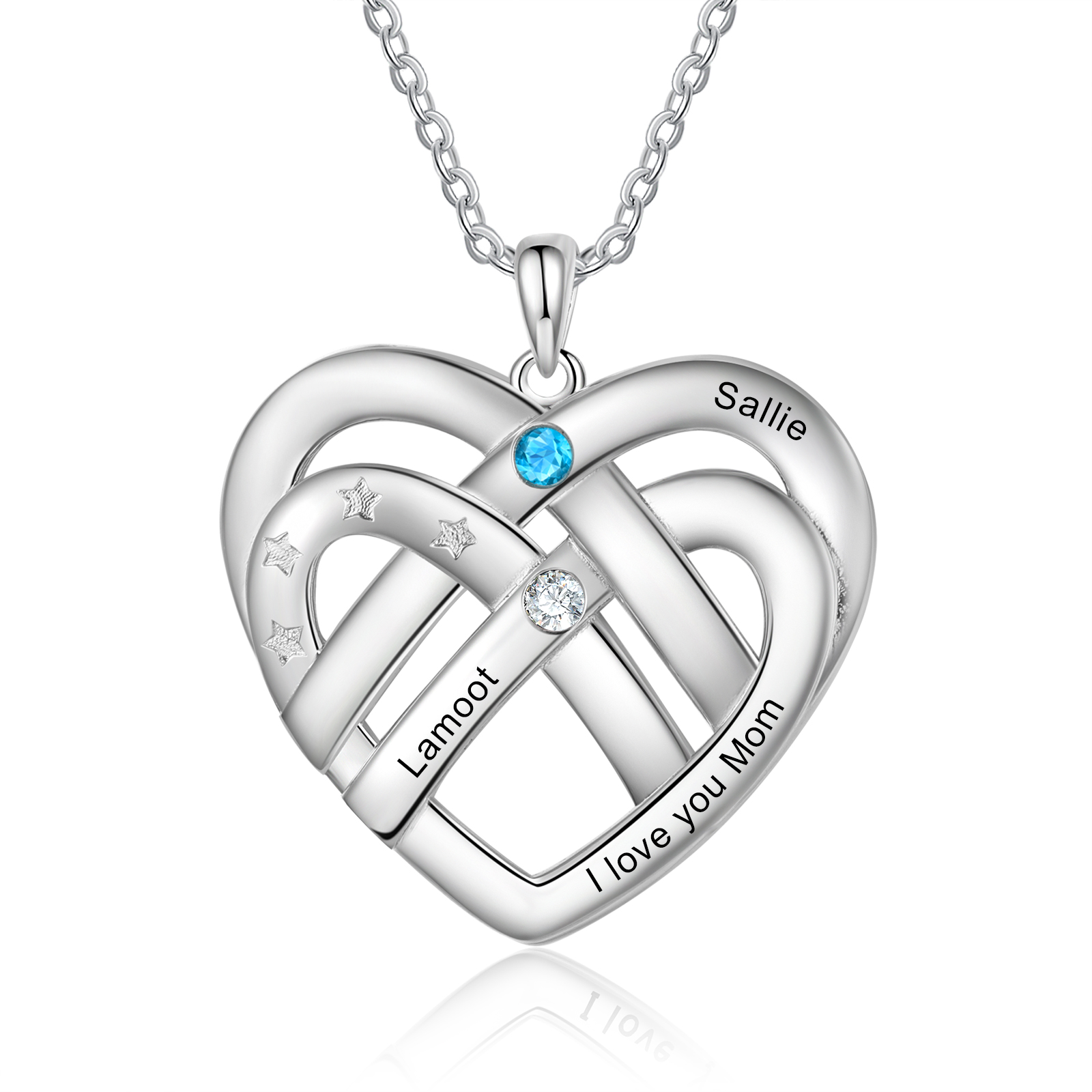 Collier Pendentif Cœur 2 Prénoms et 1 Texte Personnalisés avec 2 Pierres de Naissance Collier Femmes