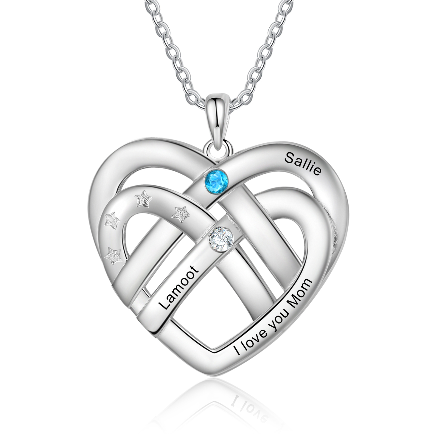 Collier Pendentif Cœur 2 Prénoms et 1 Texte Personnalisés avec 2 Pierres de Naissance Collier Femmes