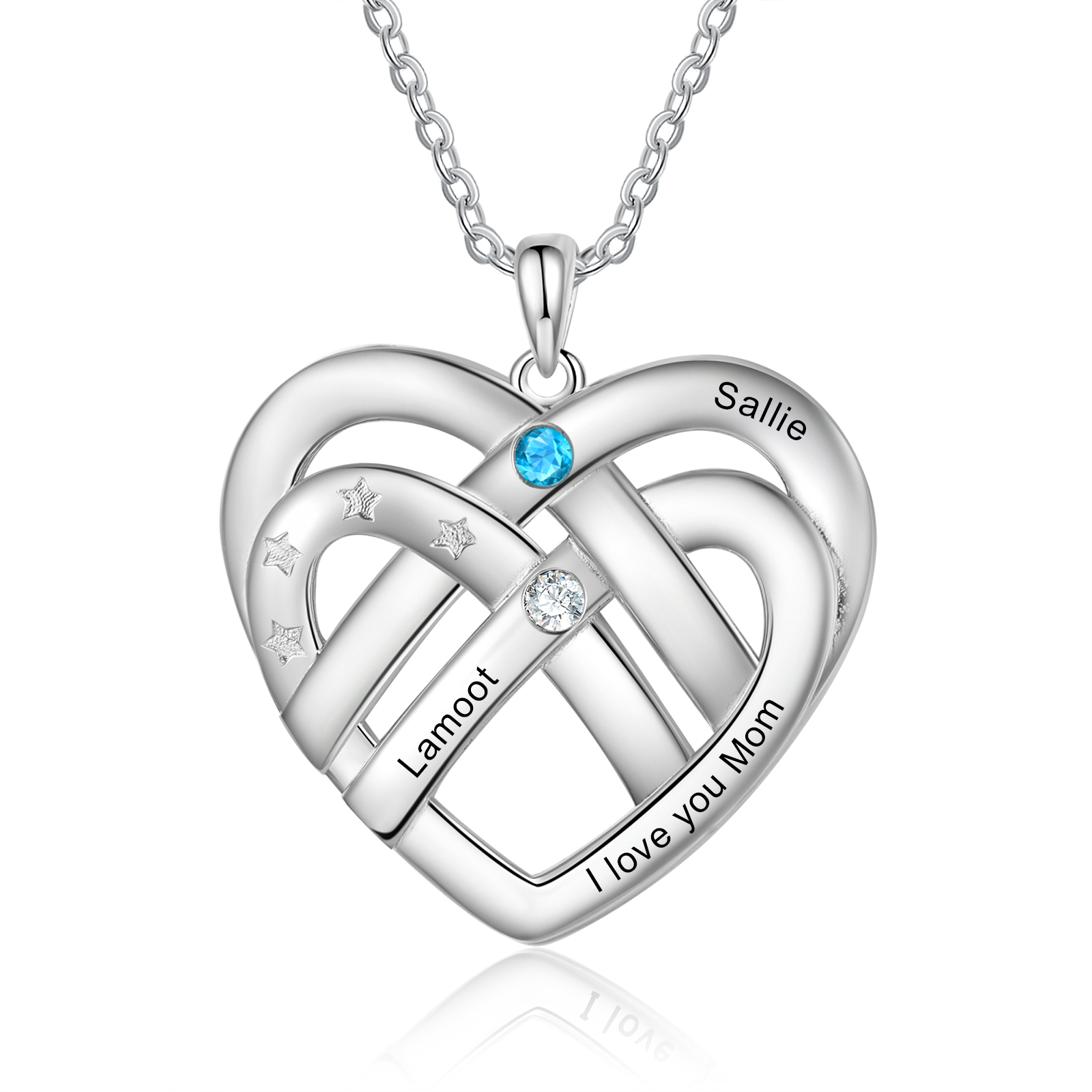 Collier Pendentif Cœur 2 Prénoms et 1 Texte Personnalisés avec 2 Pierres de Naissance Collier Femmes
