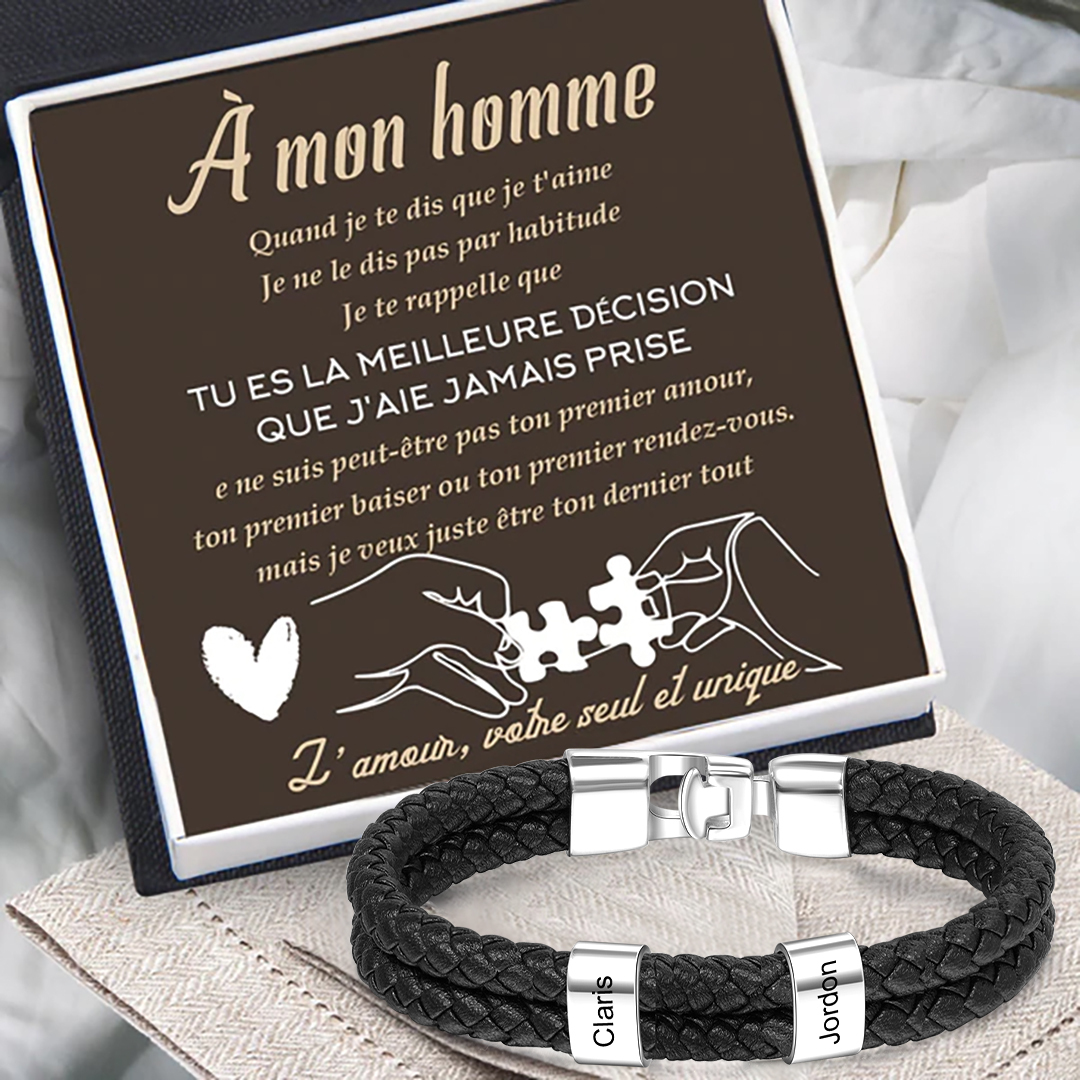 À mon Homme - Bracelet Cuir tressé 2 Perles Prénom Personnalisé Bracelet Homme｜Jessemade