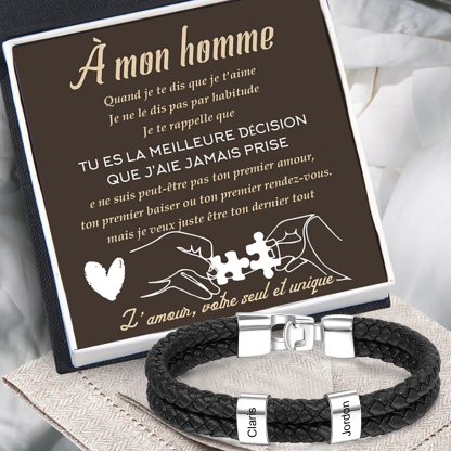 À mon Homme - Bracelet Cuir tressé 2 Perles Prénom Personnalisé Bracelet Homme｜Jessemade