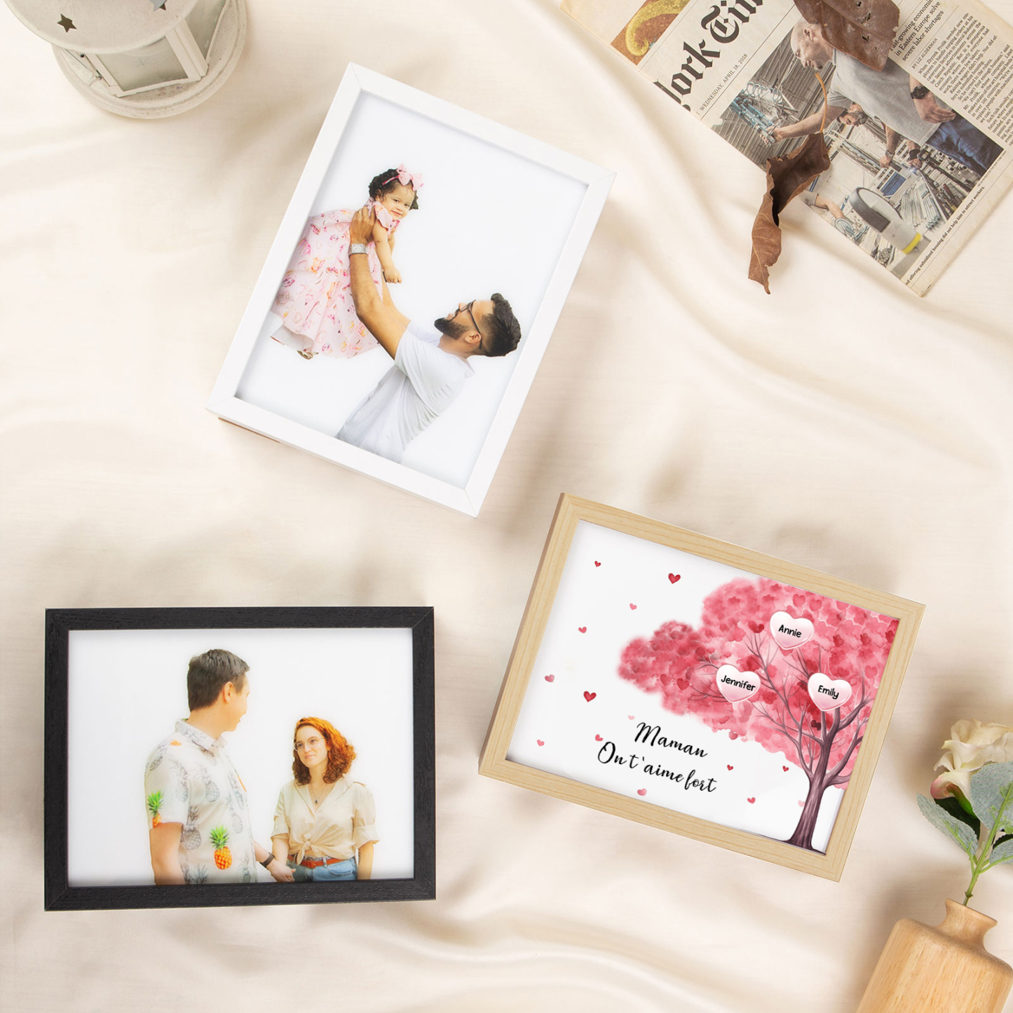 Cadre Photo LED Arbre 3 Prénoms Personnalisés avec 1 Texte Décoration Famille