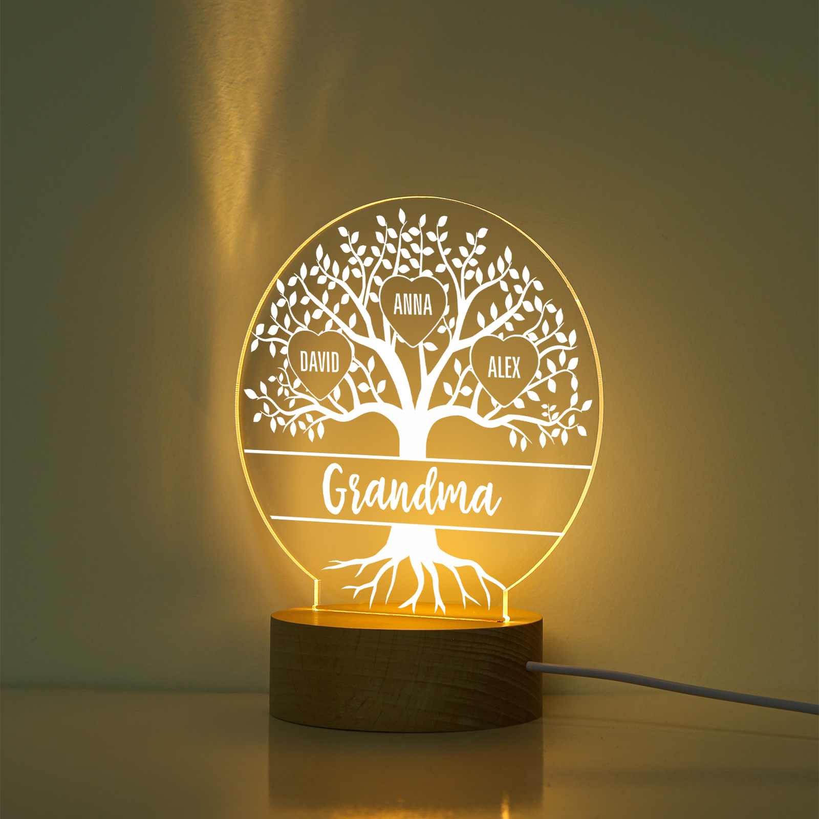 À ma Mamie/Maman - Lampe de chevet Arbre de vie LED Lumières 4 Prénoms Personnalisés pour Famille