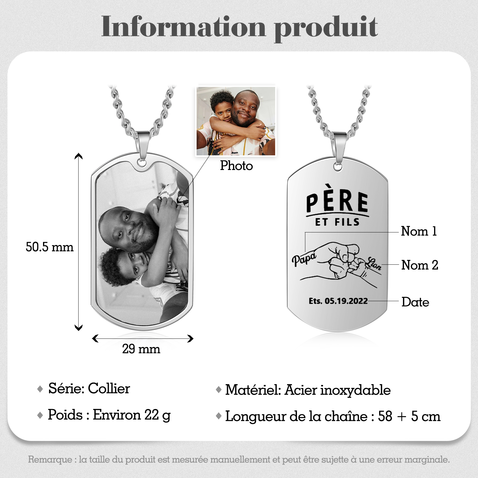 À Papa - Collier Poings 2 Prénom personnalisé avec photo et date Père et fils Collier Homme