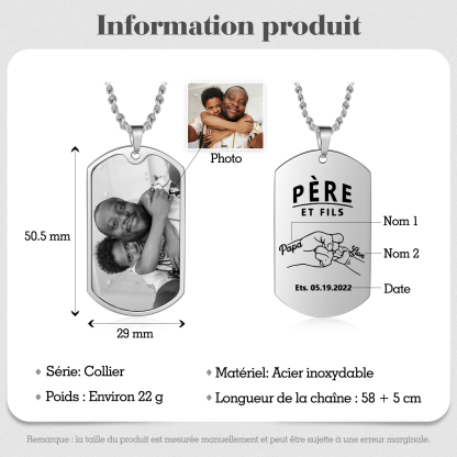 À Papa - Collier Poings 2 Prénom personnalisé avec photo et date Père et fils Collier Homme