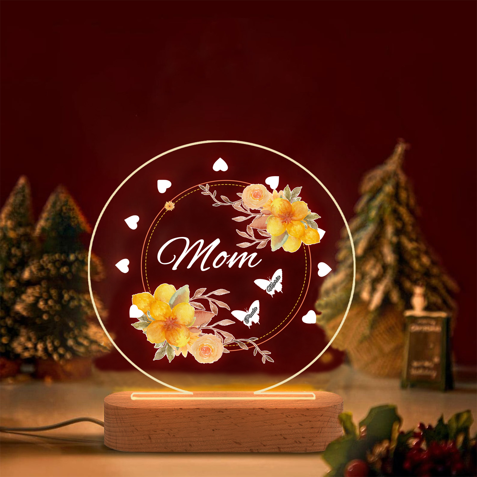 À Maman/Mamie - Lampe de chevet LED Fleurs et Papillons 2 Prénoms Personnalisés avec 1 Texte