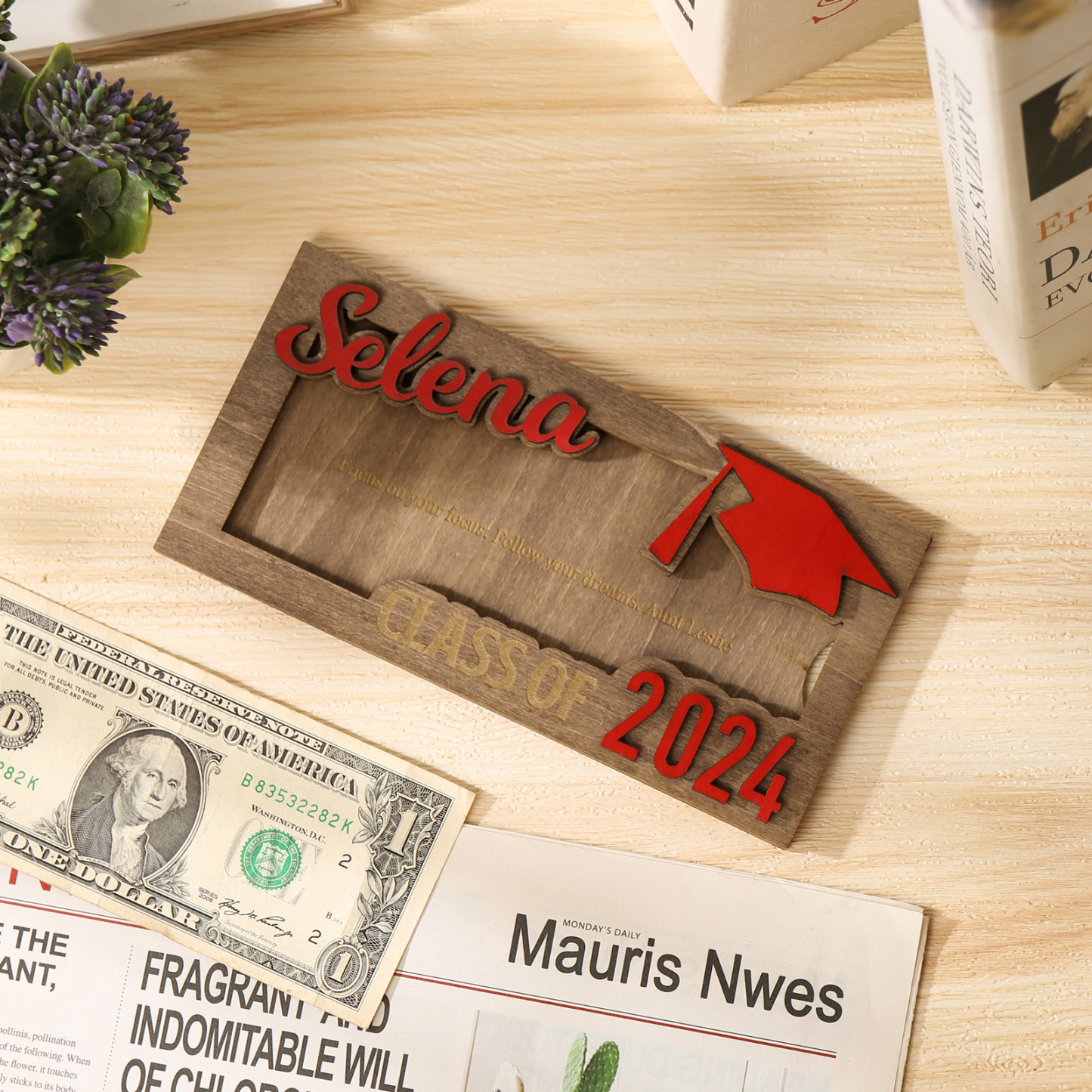 Porte-Cartes Diplômé en bois Prénom et Texte Personnalisés Cadeau de Graduation